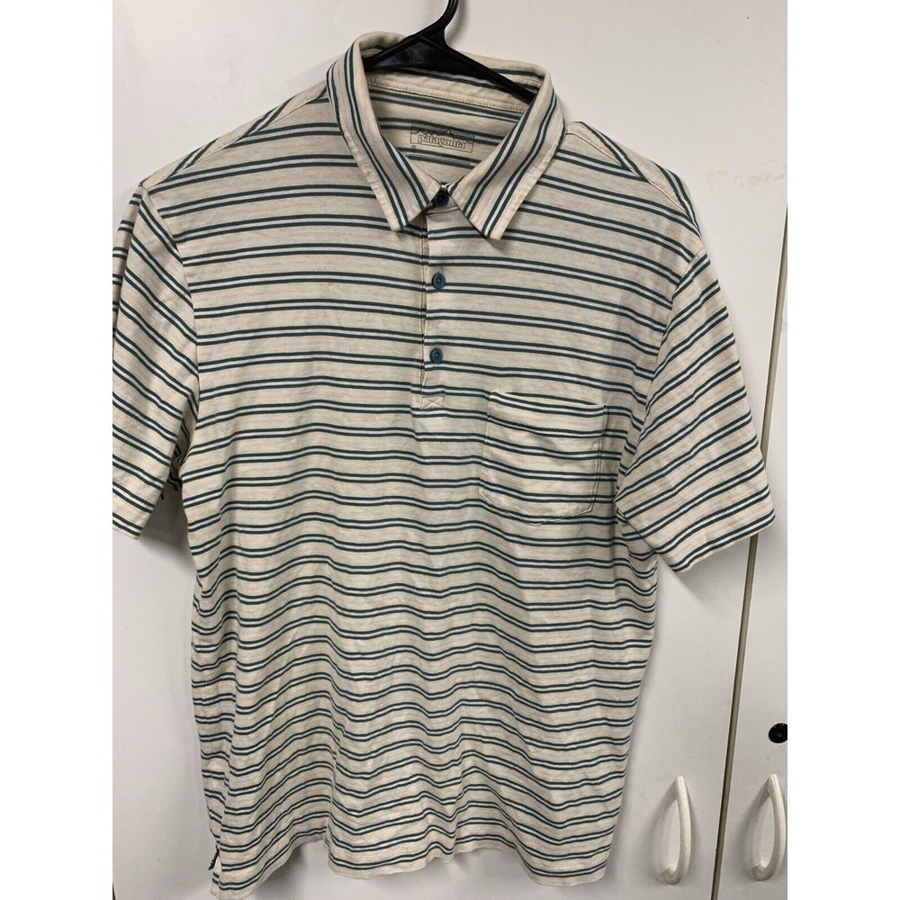 Patagonia Mens Small Peach White‎ Striped Short Sleeve Organic Cotton Polo Shirt